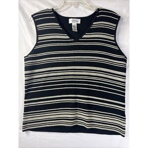 Rena Rowan Vest Womens Sleeveless Striped Black Beige V Neck Acrylic Cotton